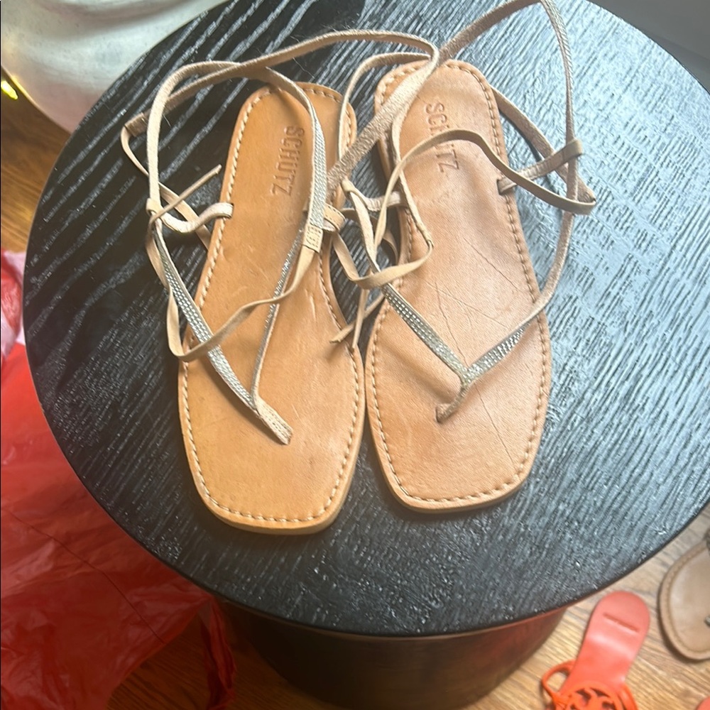 SCHUTZ Tan Minimalist Ankle Wrap Sandals